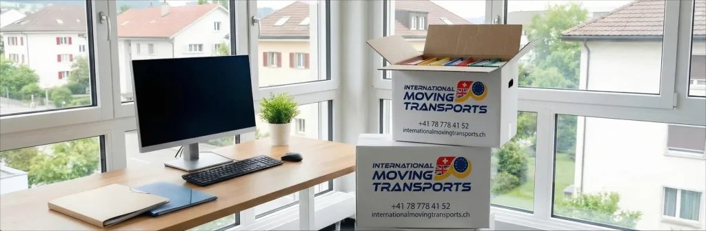 Cartons International Moving Transports avec dossiers de bureau prêts pour un déménagement d'entreprise en Suisse