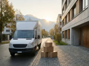 Camion devant immeuble avec des cartons de déménagement sur le trottoir
