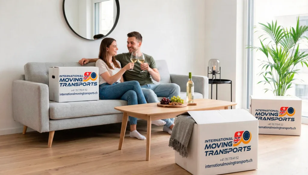 Couple célébrant leur emménagement réussi entouré de cartons International Moving Transports